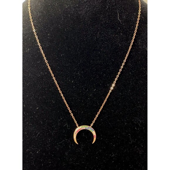 Over the Moon  16" Necklace Rainbow Stones Rose Gold Crescent Moon Double Horn - Picture 2 of 8